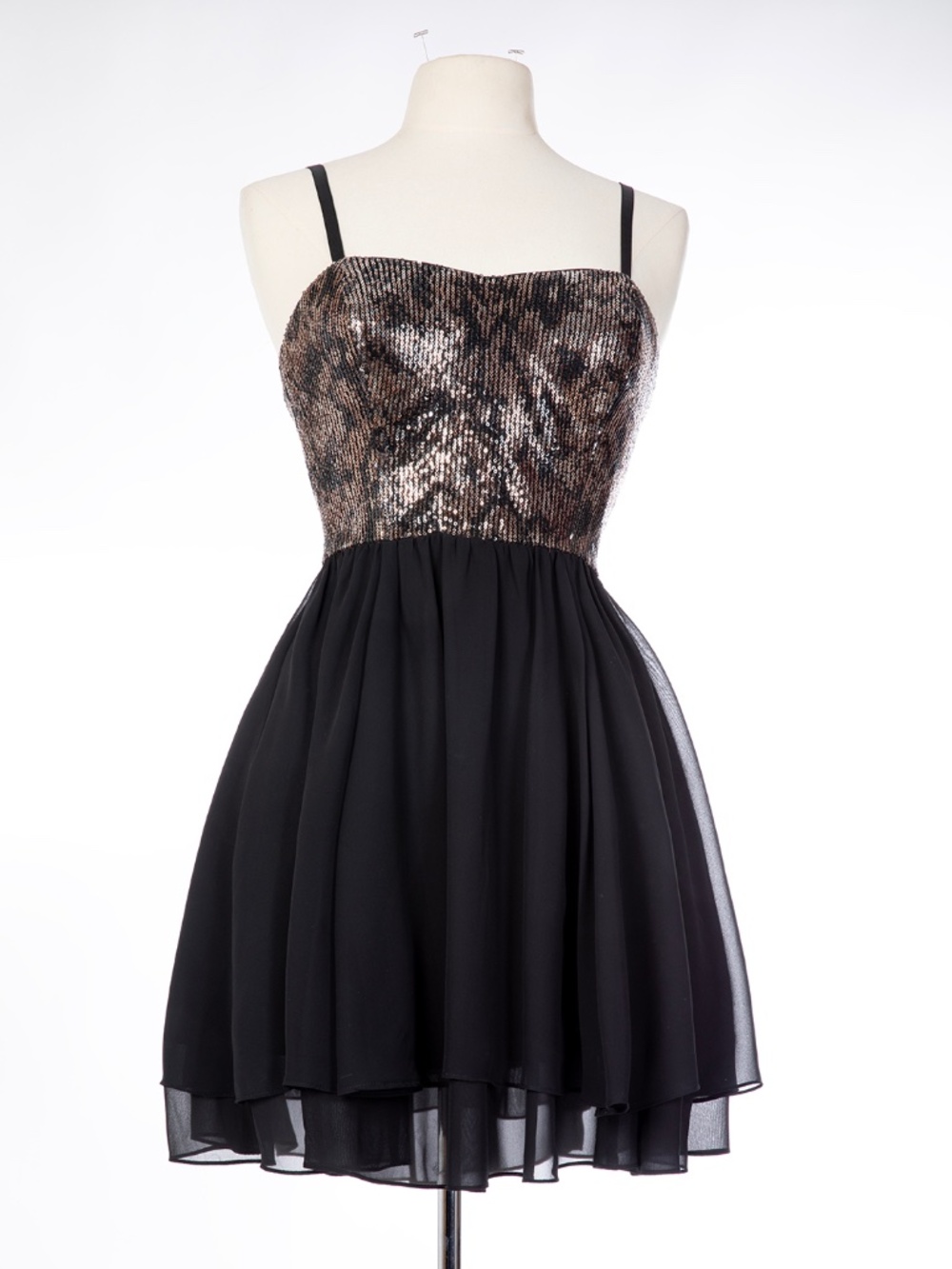 Guess Los Angeles Sequin Bust Mini Dress Black Gold Zip Back Women’s Size 6